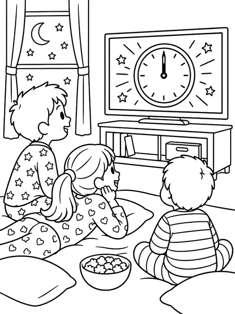 Kids in pajamas watching the countdown coloring page