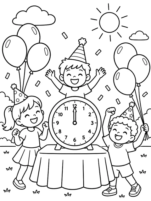 Noon countdown party with balloons coloring page