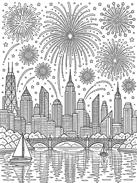 Detailed Fireworks over a city skyline coloring page