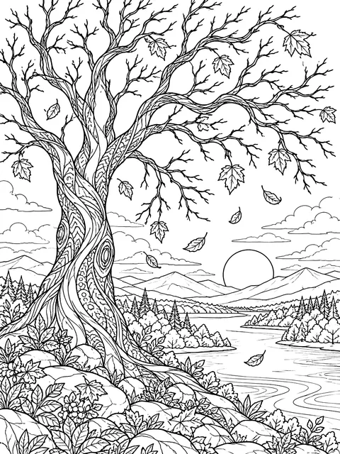Detailed Bare tree with its last leaves coloring page