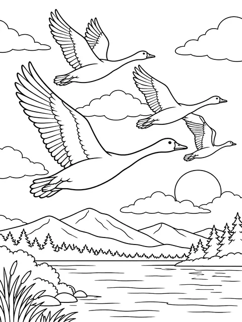 Geese crossing a gray sky coloring page