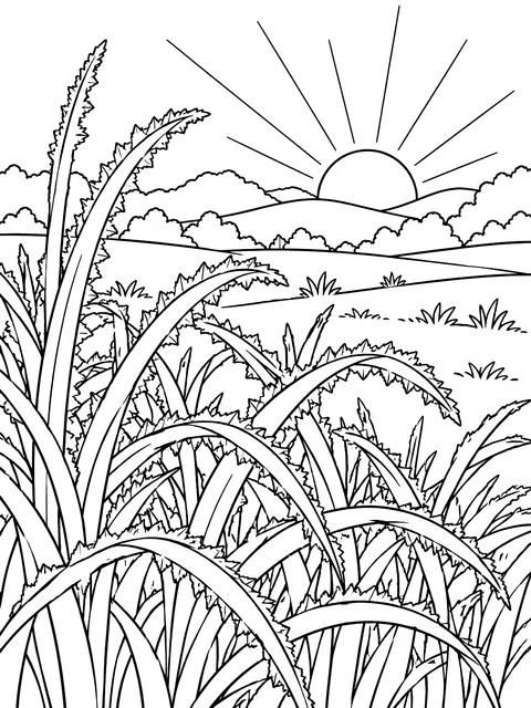 Frost on the grass at sunrise coloring page