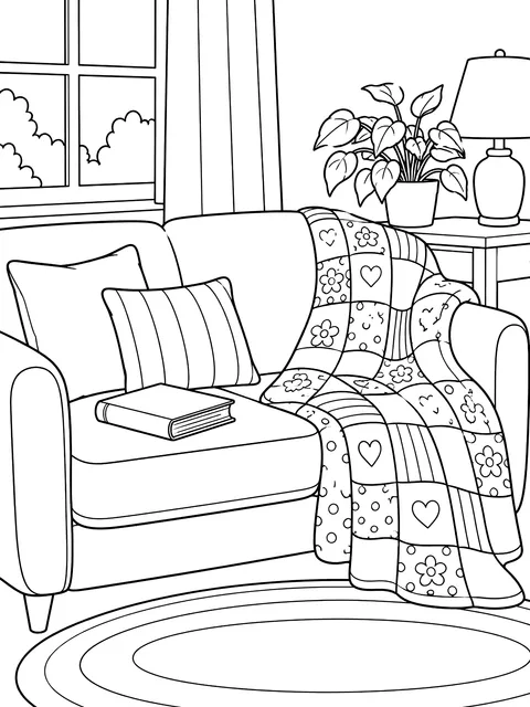 Quilt and a book on the couch coloring page