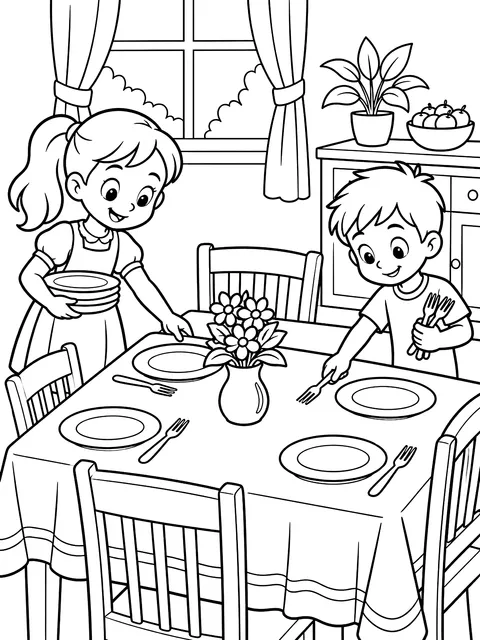 Kids setting the table coloring page
