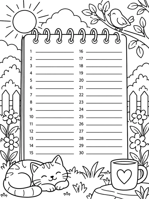 Daily thanks list with 30 lines coloring page