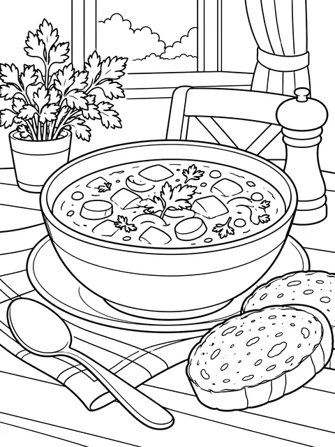 Bowl of soup with bread coloring page