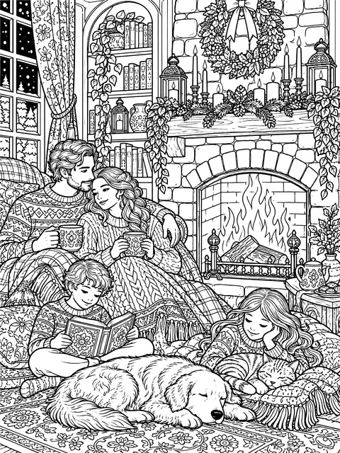 Detailed Family evening by the fireplace coloring page