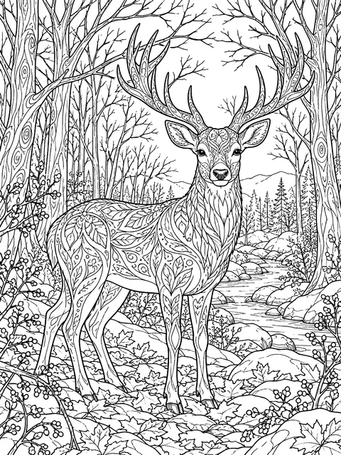 Detailed Deer in the bare November woods coloring page