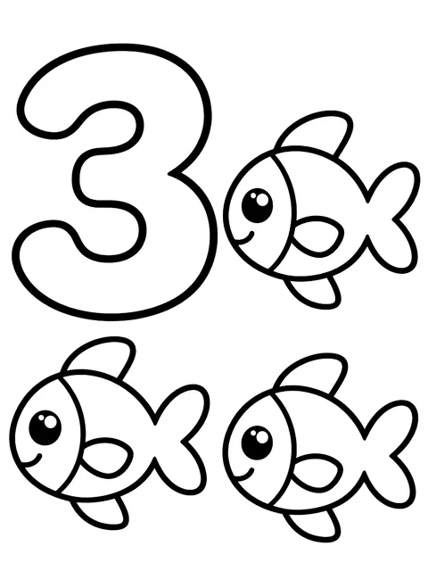 Easy Number 3 with three fish coloring page