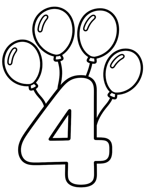 Easy Number 4 with four balloons coloring page