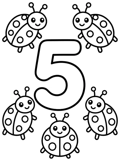Easy Number 5 with five ladybugs coloring page