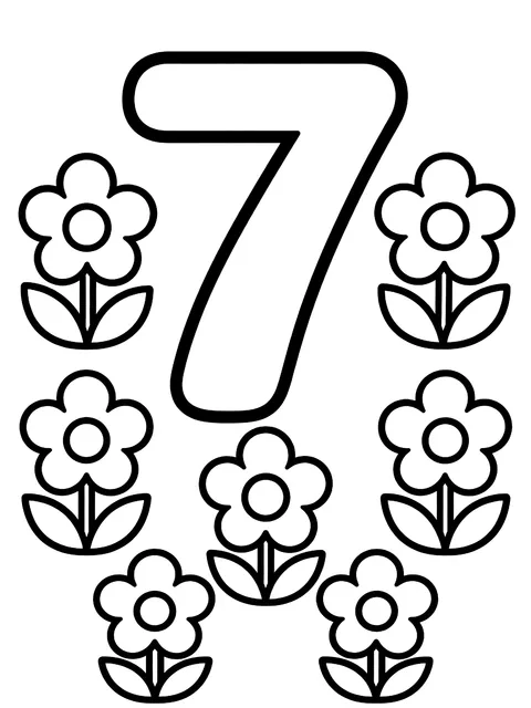 Easy Number 7 with seven flowers coloring page