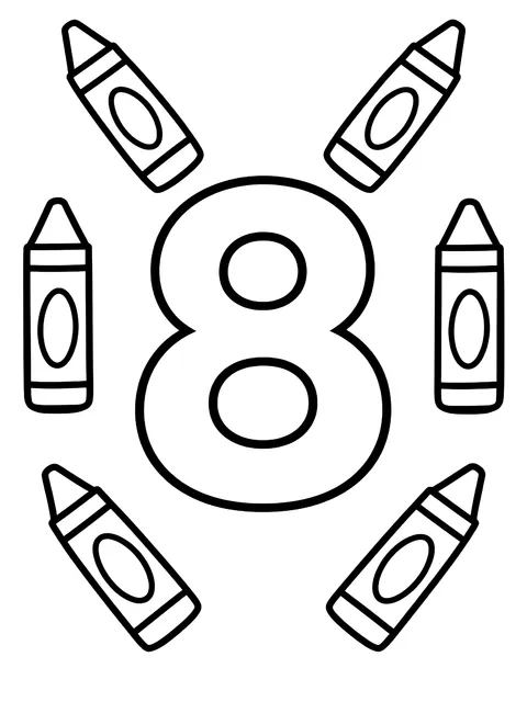 Easy Number 8 with eight crayons coloring page