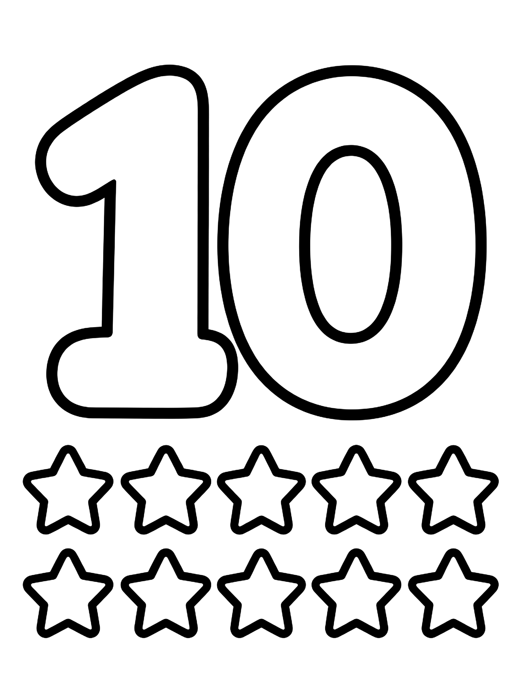 Easy Number 10 with ten stars coloring page