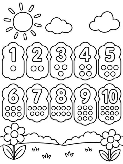 Numbers 1 to 10 chart with dots coloring page