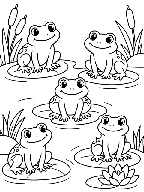 Count and color five frogs coloring page