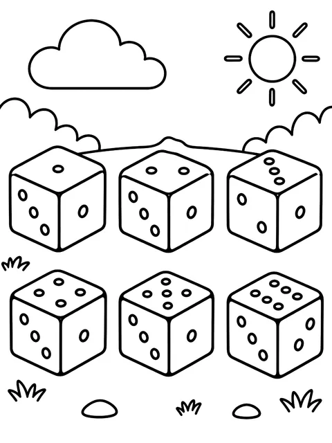 Dice faces 1 to 6 coloring page