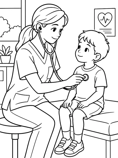 Nurse checking a child's heartbeat coloring page
