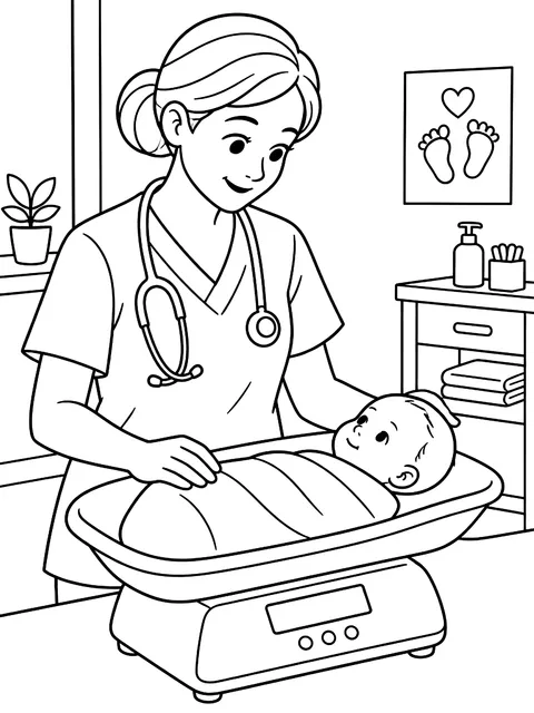 Nurse weighing a newborn coloring page