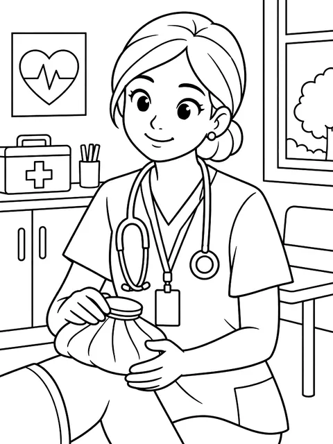 School nurse with an ice pack coloring page