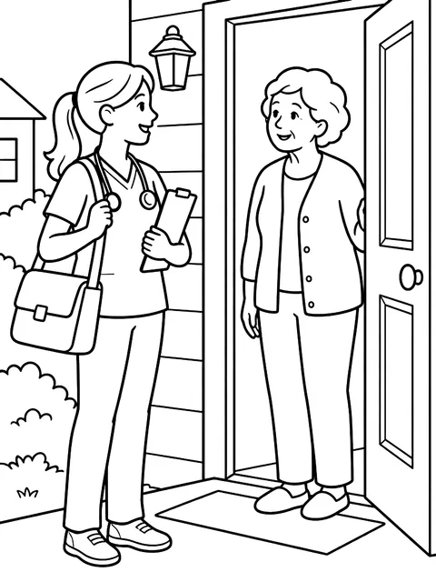 Visiting nurse at a front door coloring page