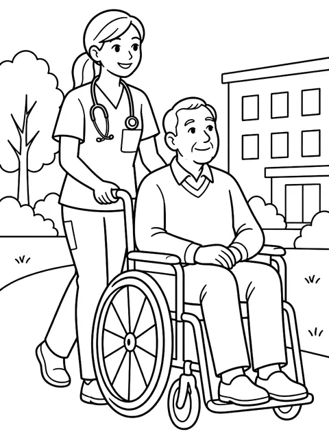 Nurse pushing a wheelchair coloring page