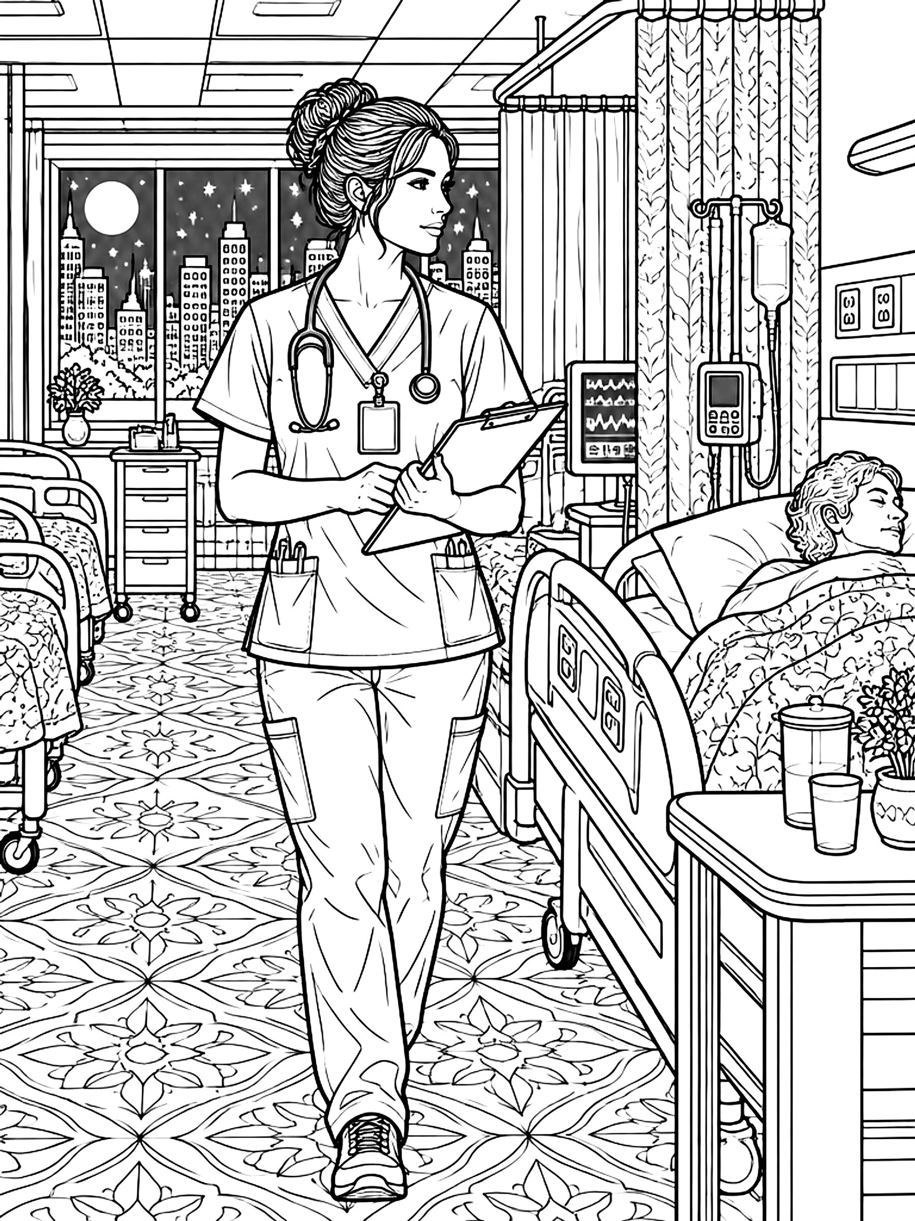 Detailed Night shift nurse on rounds coloring page