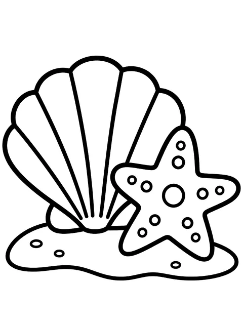 Easy Seashell and starfish on sand coloring page