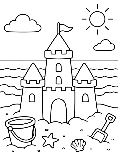 Sandcastle at the shore coloring page