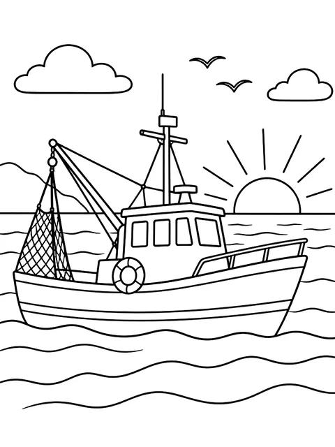 Fishing boat at sunrise coloring page