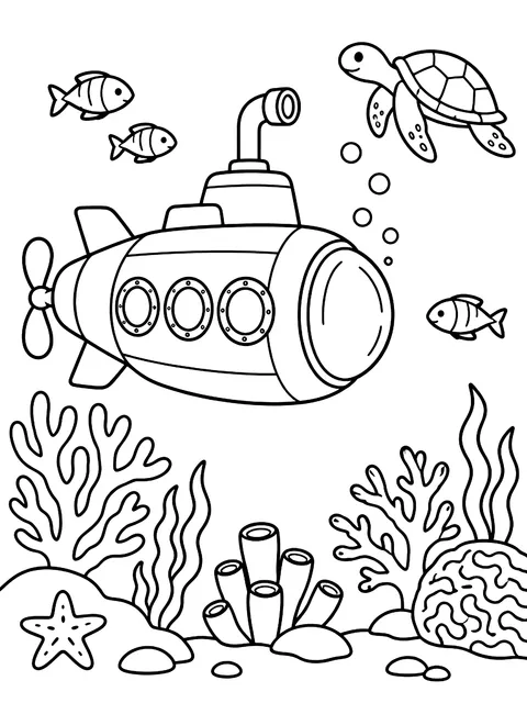 Submarine visiting a reef coloring page
