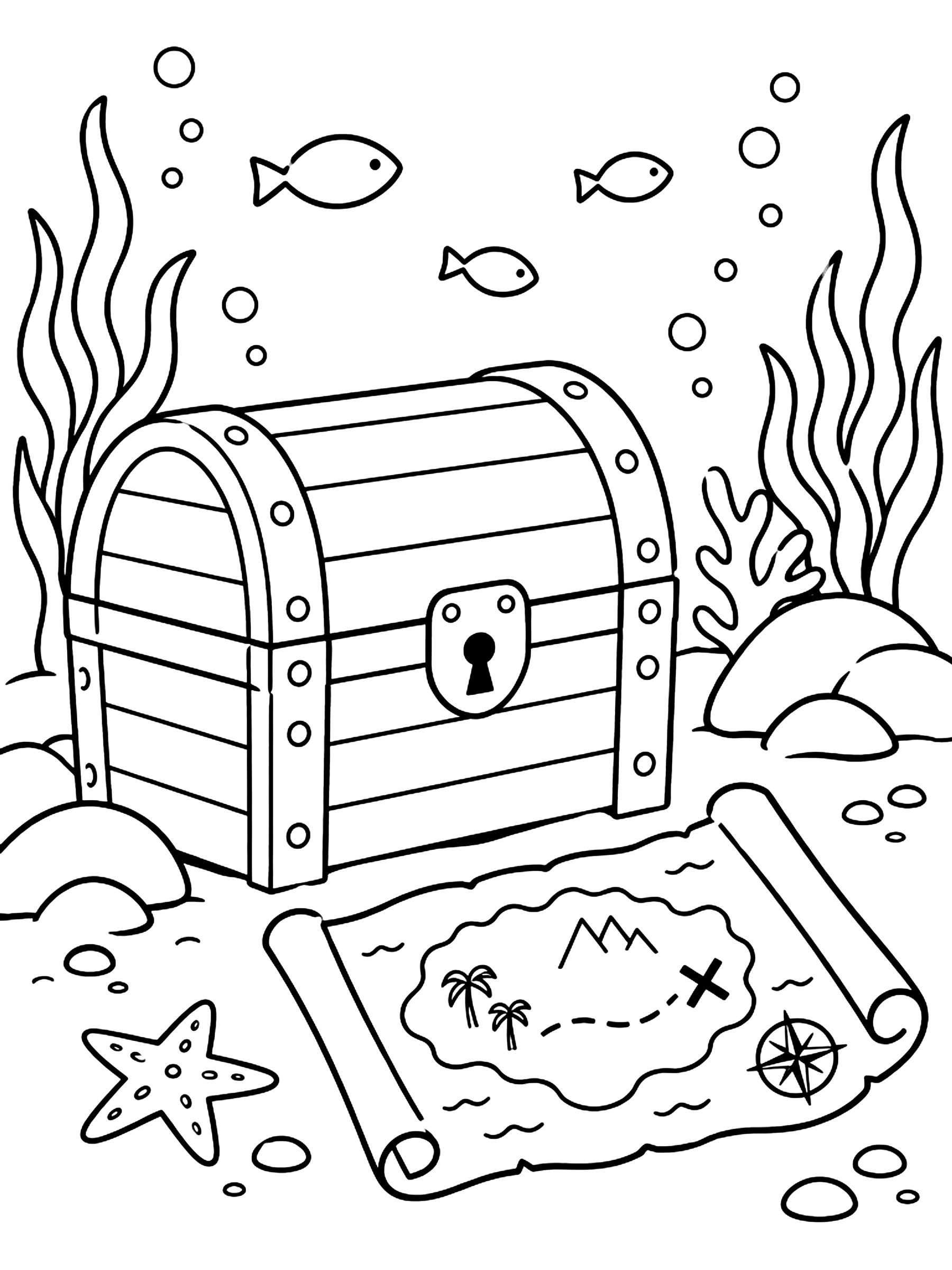 Treasure chest on the sea floor with a map coloring page