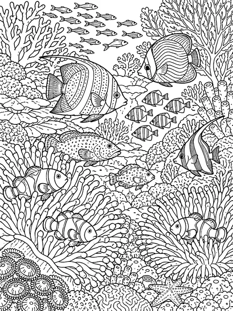 Detailed Crowded coral reef with fish and anemones coloring page