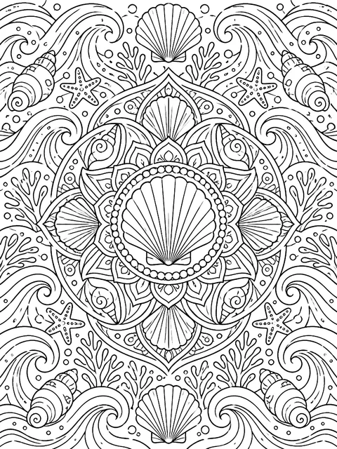 Detailed Ocean mandala with waves and shells coloring page