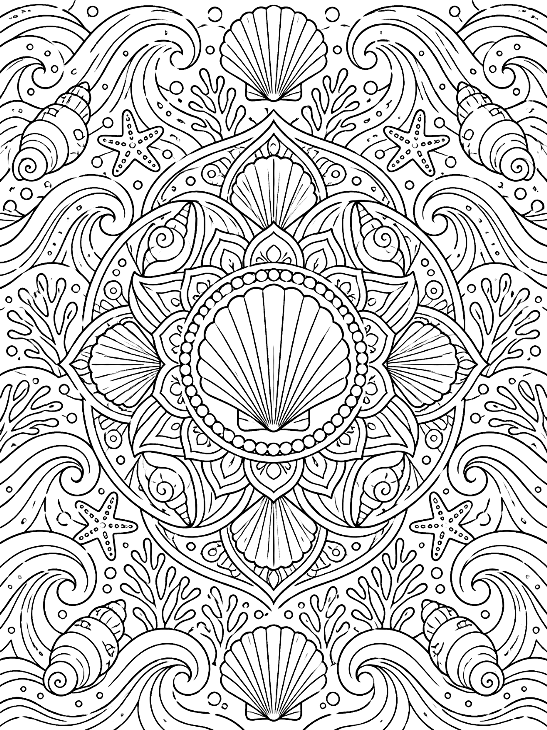 Detailed Ocean mandala with waves and shells coloring page