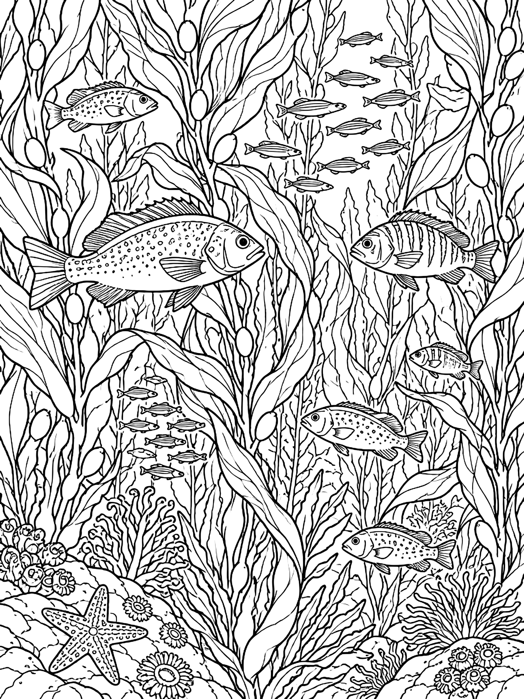 Detailed Dense kelp forest with fish coloring page