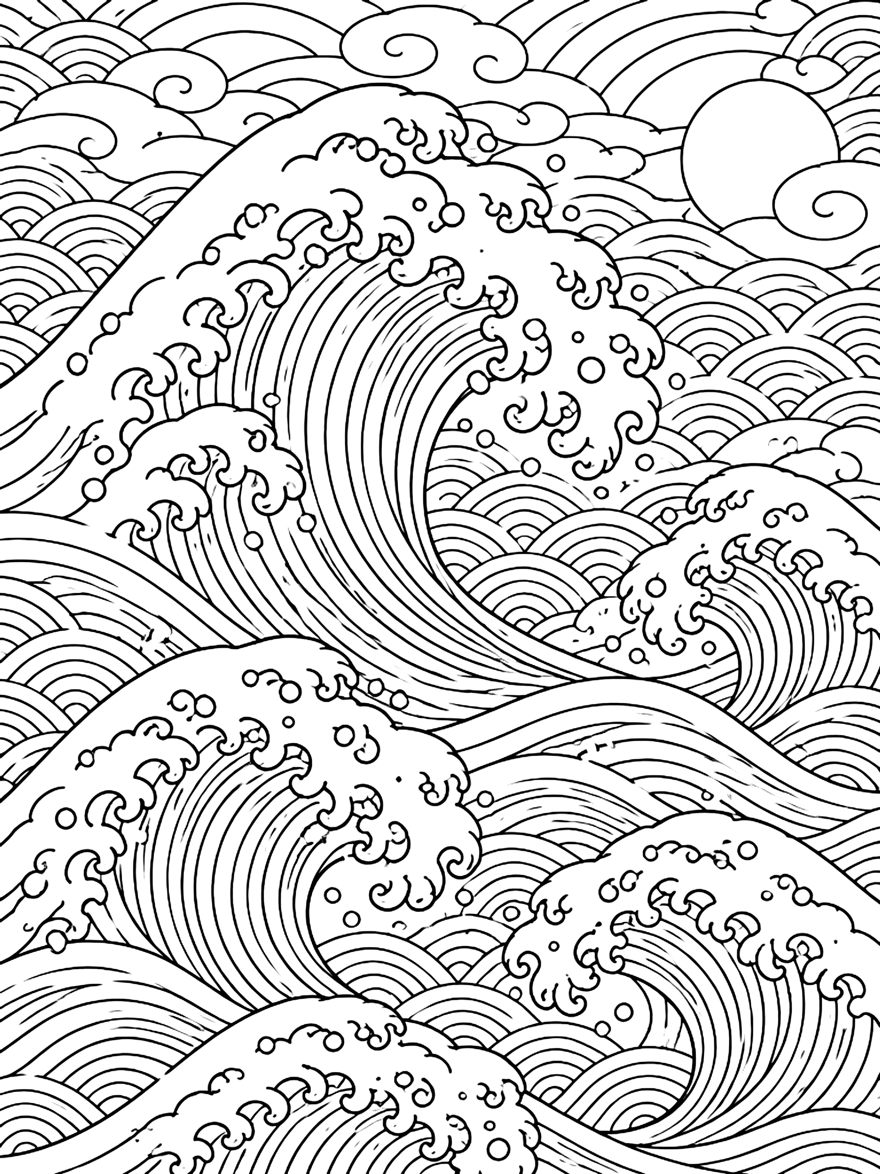 Detailed Wave pattern in the style of woodblock waves coloring page
