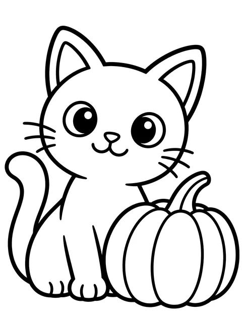 Easy Black cat beside a pumpkin coloring page