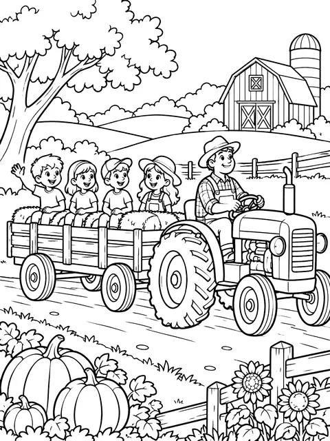 Hayride at the farm coloring page