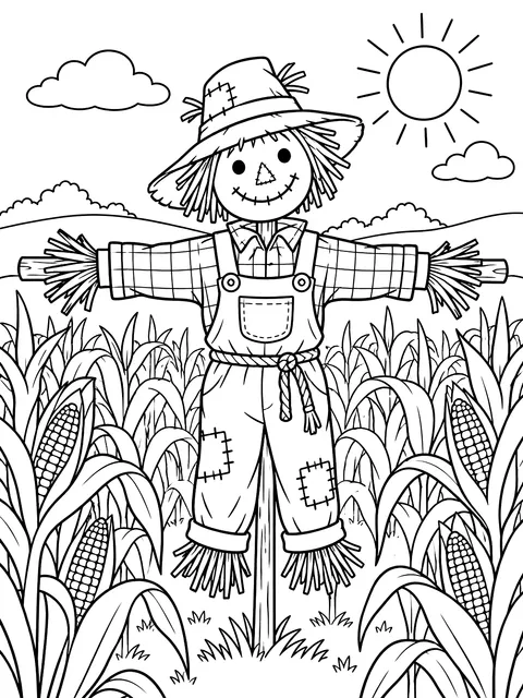 Scarecrow in a corn field coloring page