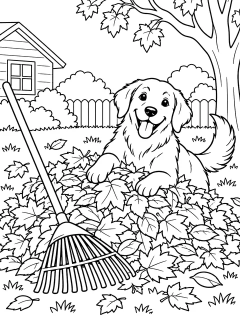 Leaf pile with a rake and a dog coloring page