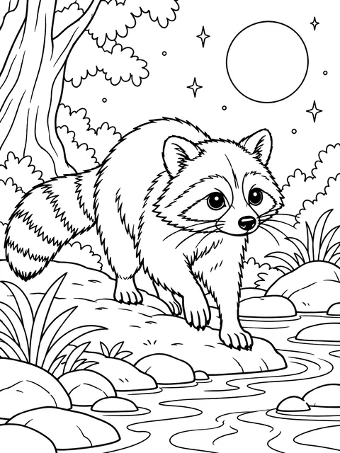 Raccoon exploring at night coloring page