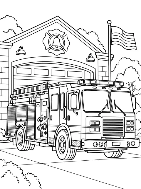 Fire truck outside the station coloring page
