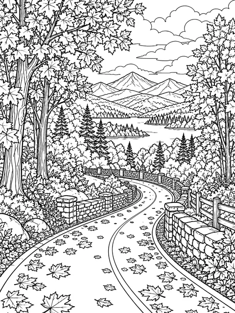 Detailed Winding country road in peak fall color coloring page