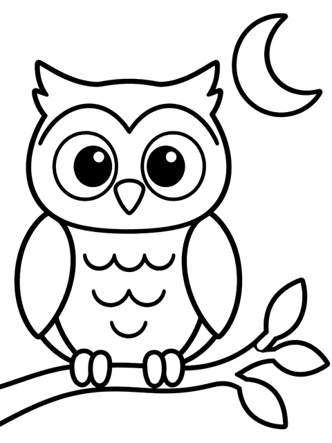 Easy Owl on a branch with a crescent moon coloring page