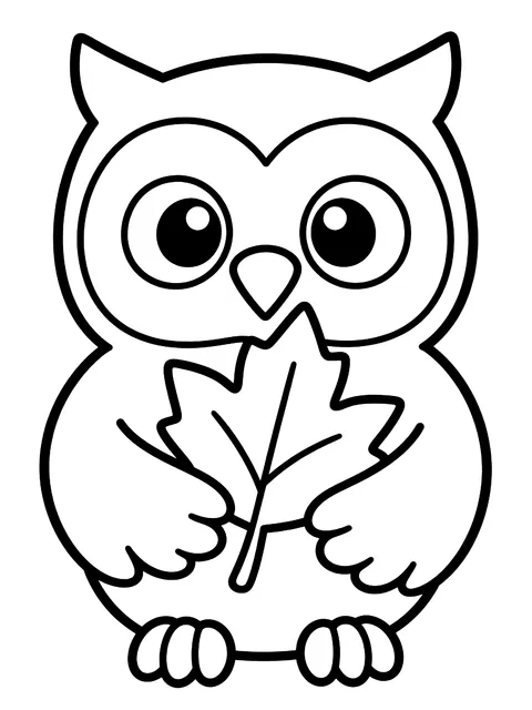 Easy Owl holding a fall leaf coloring page