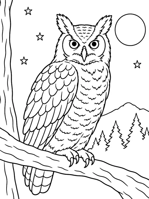 Great horned owl at night coloring page