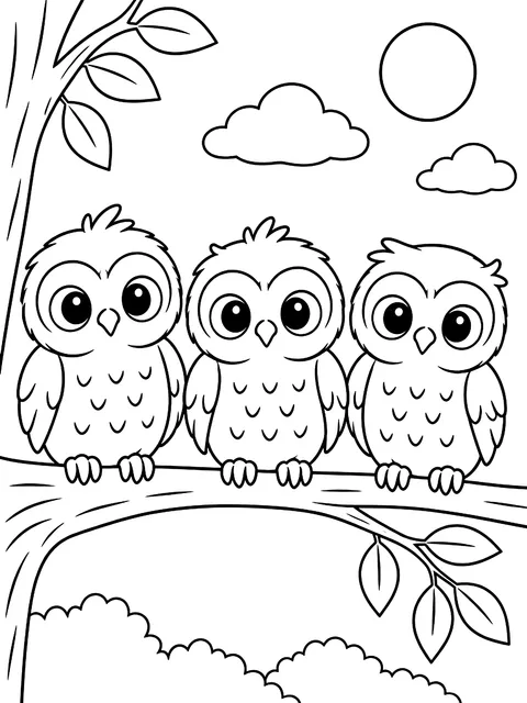 Three owlets in a row on a branch coloring page