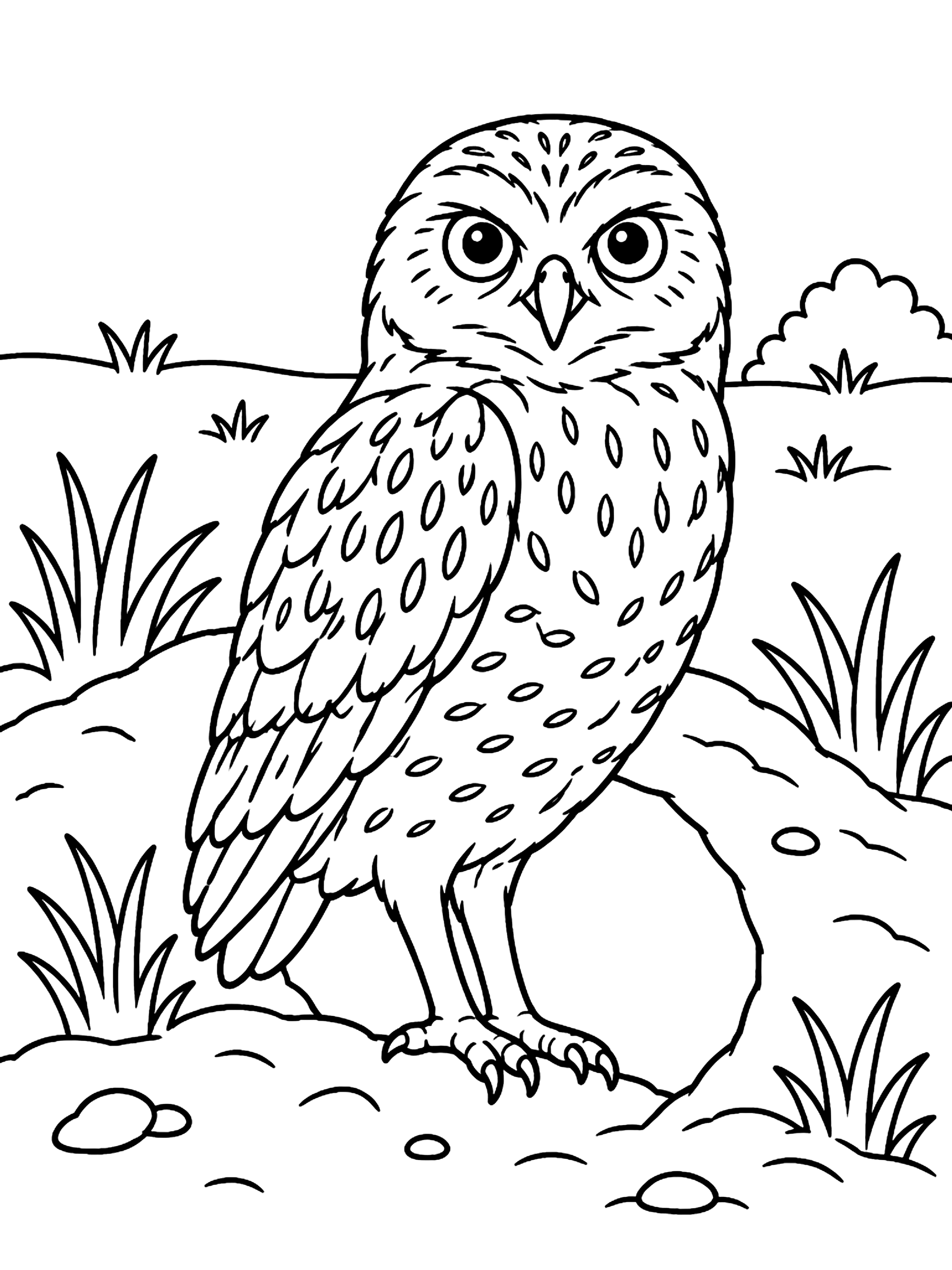 Burrowing owl at its burrow coloring page