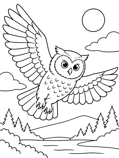 Owl flying with wings spread coloring page